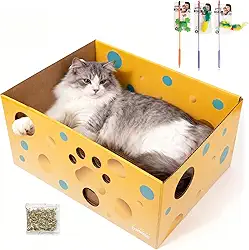 Pawise Caixa arranhadora de papelão resistente para gatos com 2 almofadas recarregáveis e furos Peekaboo – Caixa grande para gatos internos + varinha de brinquedo bônus para gatos