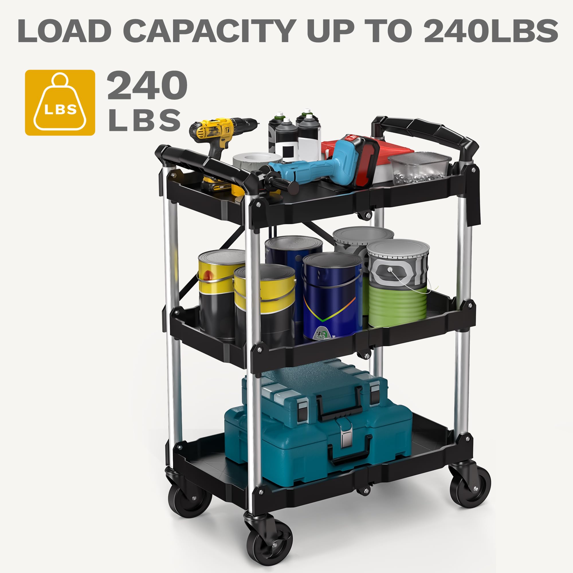 DWVO 3-Tier Folding Service Cart - Heavy Duty & Portable -5