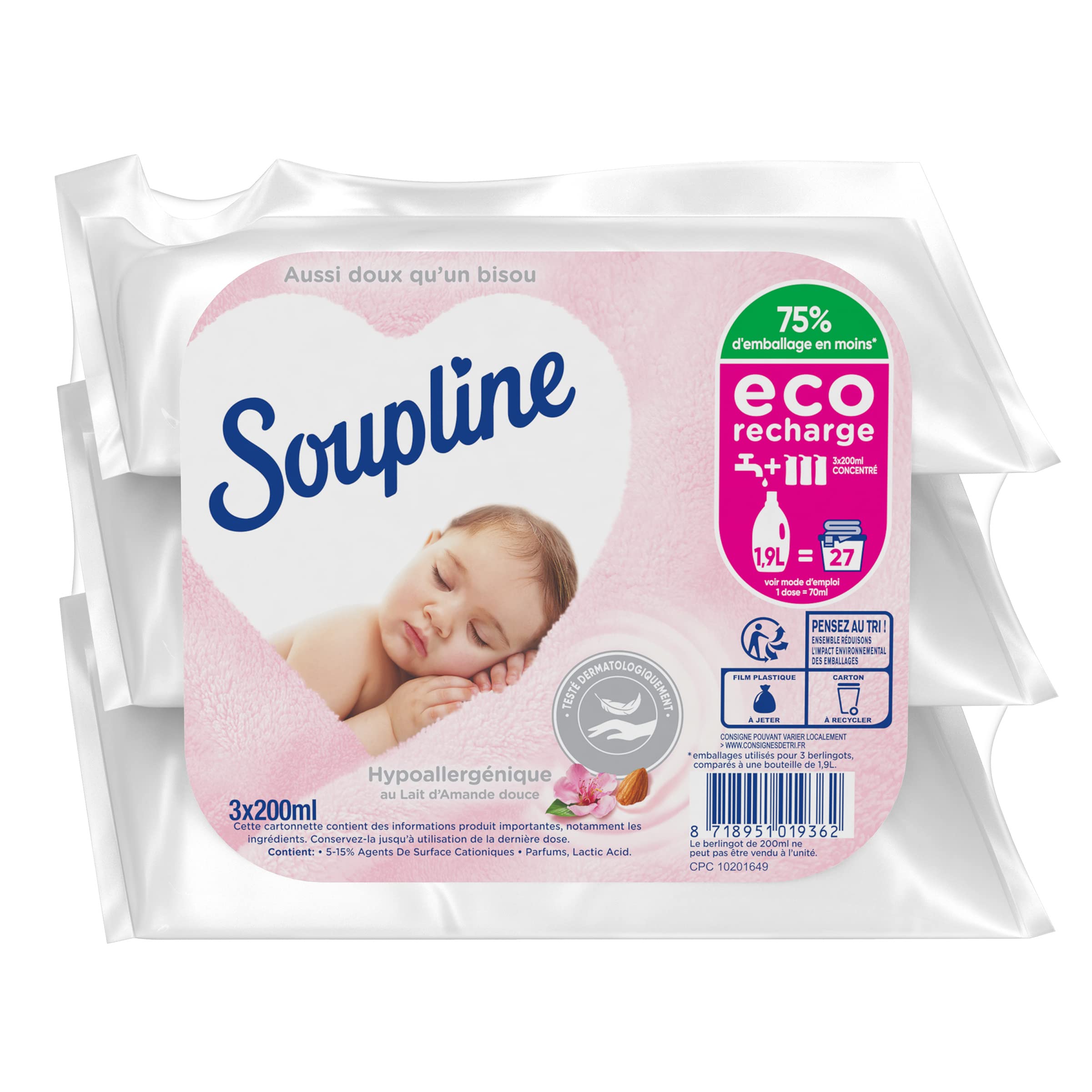 SOUPLINE - Adoucissant Doses Soupline Hypoallergénique - Eco-Recharges - Formule Active à Froid - 92 % d'Ingrédients d'Origine Naturelle - 16 Lots de 3 x 200 ml