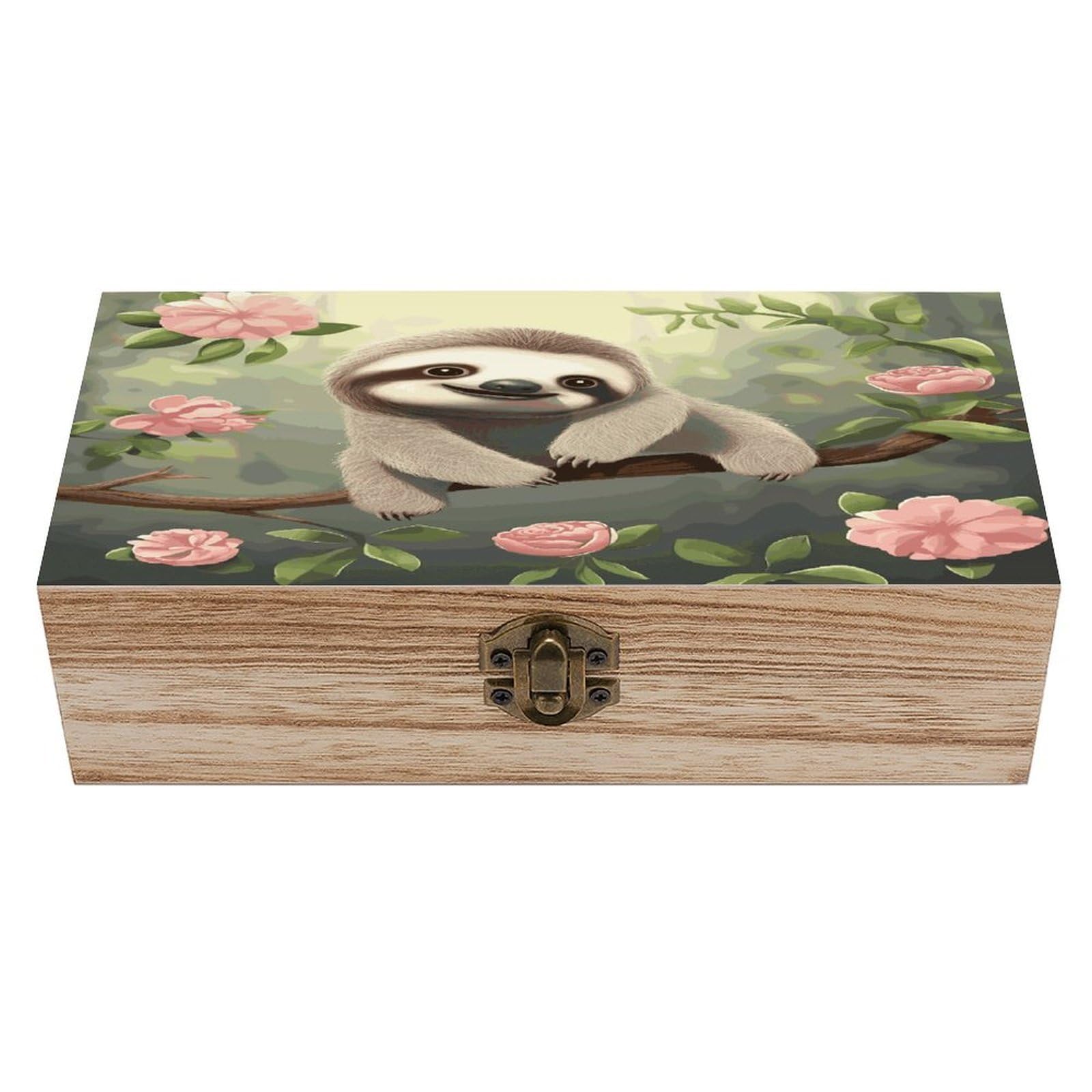 JTREHY Cute Baby Sloth Wooden Keepsake Box Vintage-Style Wood Keepsake Case with Hinged Lid Solid Wood Boxes Beautifully Memory Treasure Case Vintage-Style Wooden Storage Box