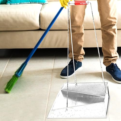 Miniatura 7 de Recogedor de metal con asa de acero inoxidable, recogedor vertical de pie, mango largo, bandeja de polvo de metal para interiores para vestíbulo,