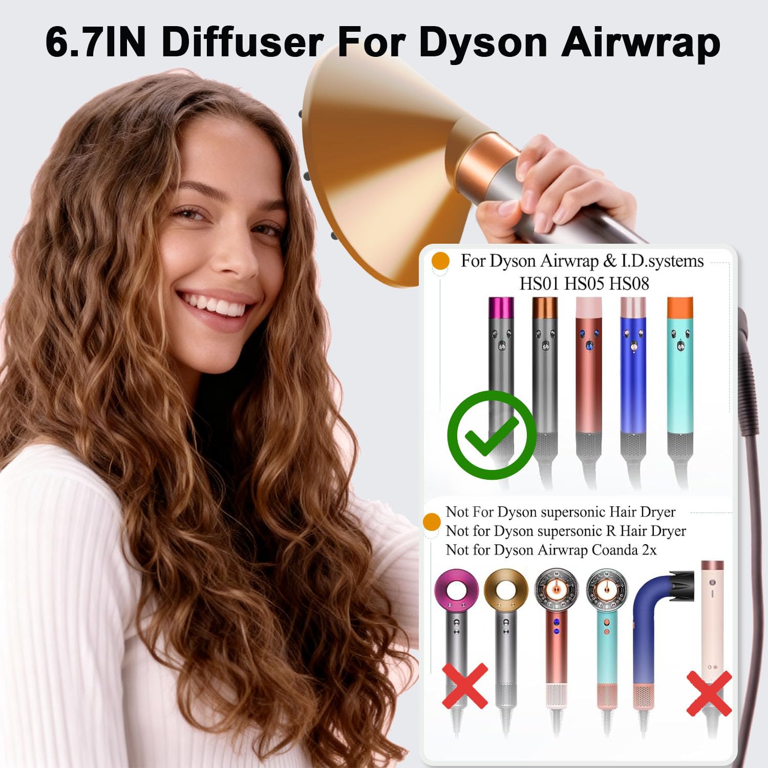 Difusor grande de 6.7 pulgadas para Airwrap i.d. Styler, HS01 HS05 HS08, secado rápido, rizos y volumen sin encrespamiento, para cabello grueso/rizado, seguro para el calor, accesorio difusor de pelo