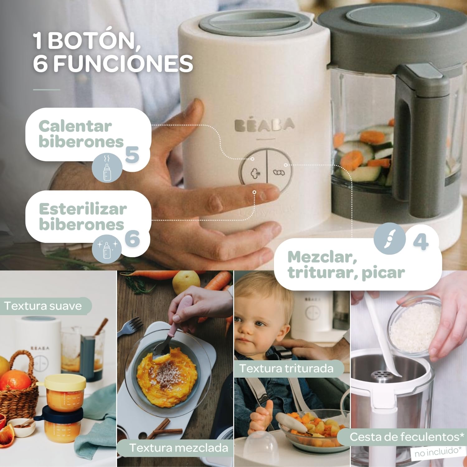 BÉABA Babycook Neo, Robot de cocina infantil, tritura, cocina y cuece al vapor, Rápido en 15 minutos, Recipiente de vidrio y cesta de acero inoxidable, Para Bebés y Niños, Gris/Blanco