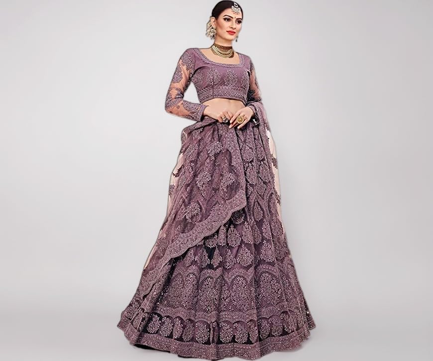 Monrav Women`s Net Embroidered Semi Stitched Lehenga Choli (Coffee_Free Size)