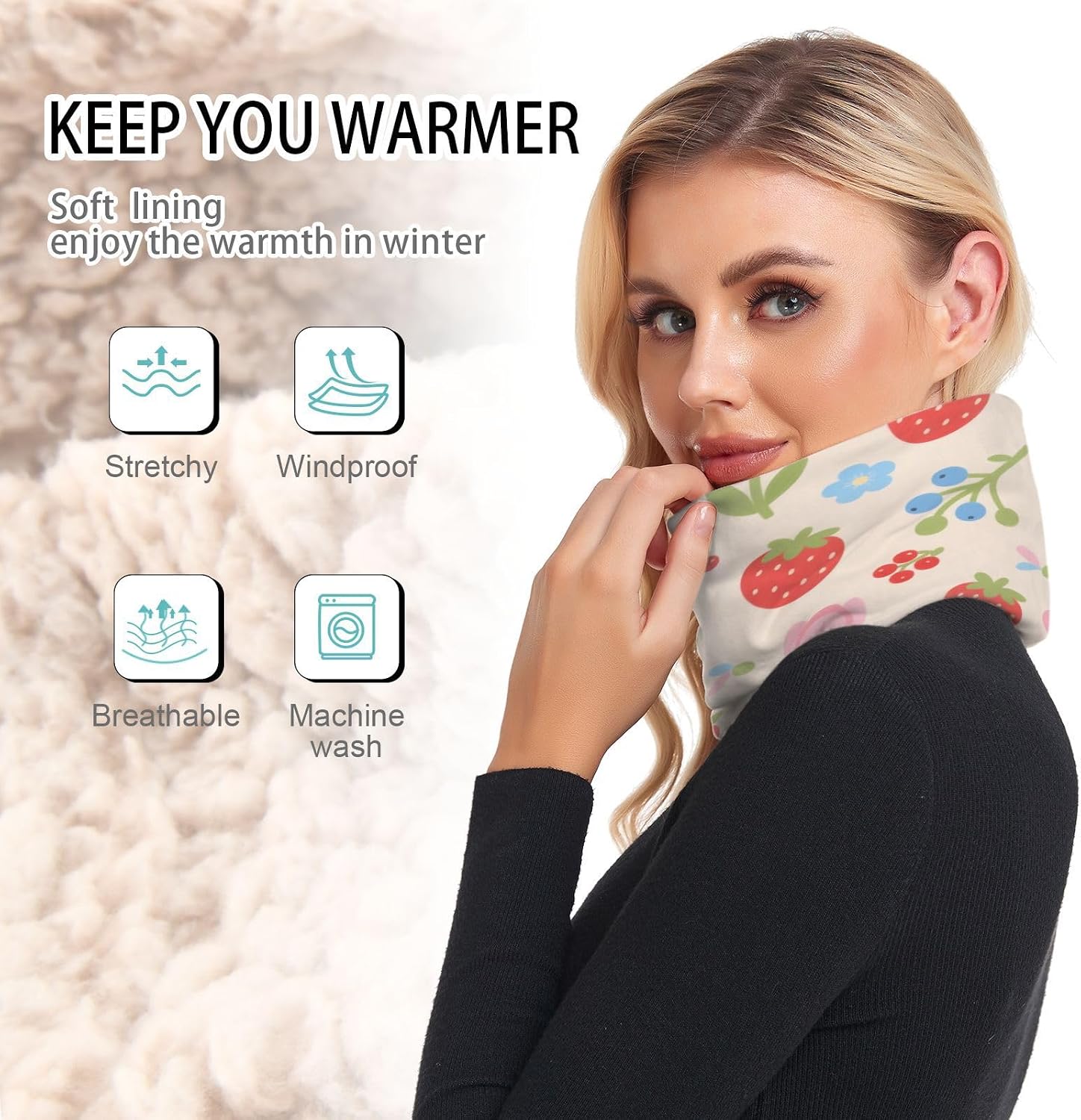 Lovely Red Strawberry Flowers Winter Neck Gaiters for Cold Weather Neck Gaiter Face Scarf Thermal Thick Warm Fleece Lined for Men & Women