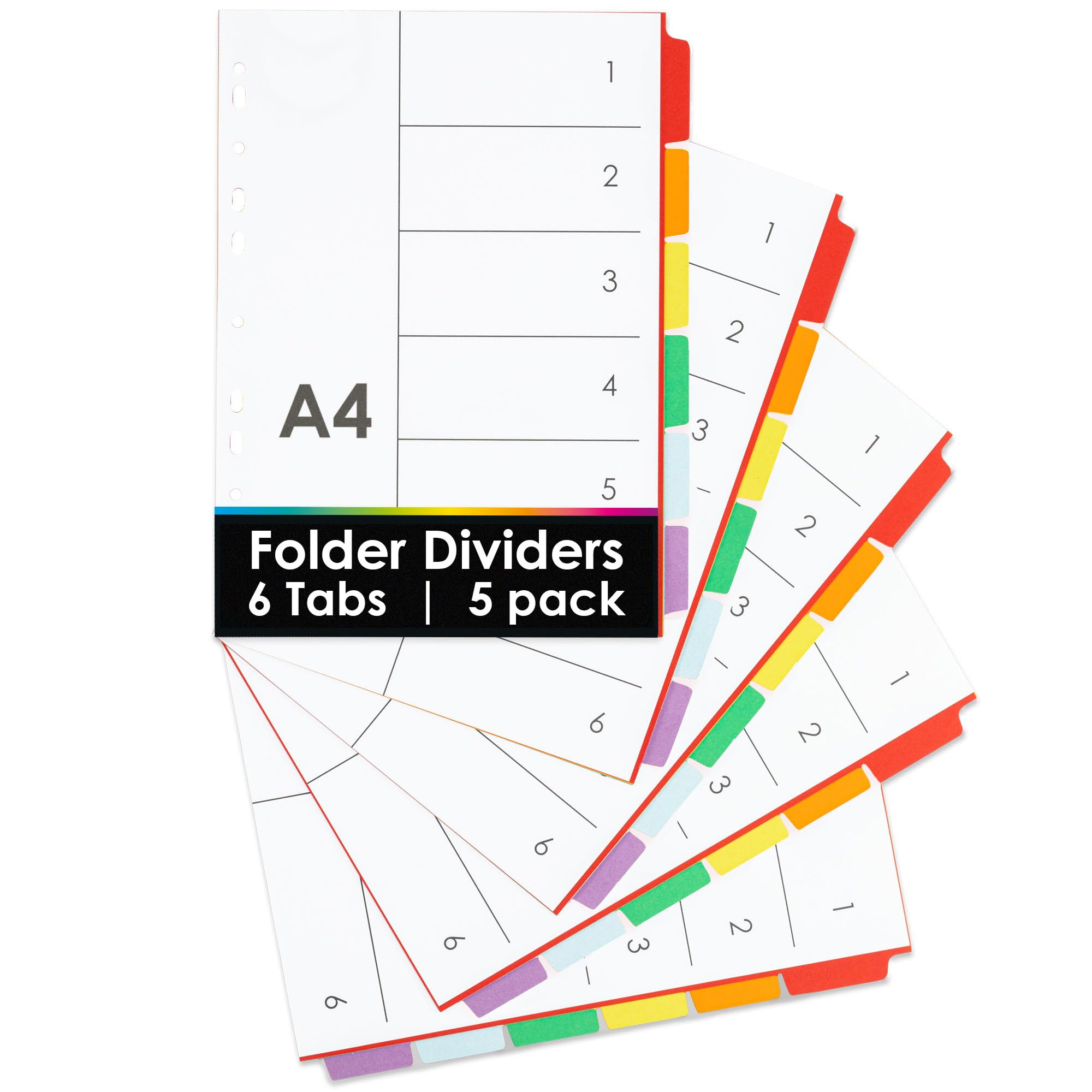 OfficeTree 5x Przekładki do Segregatora A4 z 6 Kolorowymi Zakładkami | Karton 200 g/m² - Przekładki Indeksujące A4 z Uniwersalną Multiperforacją do Segregatorów i Skoroszytów Ringowych