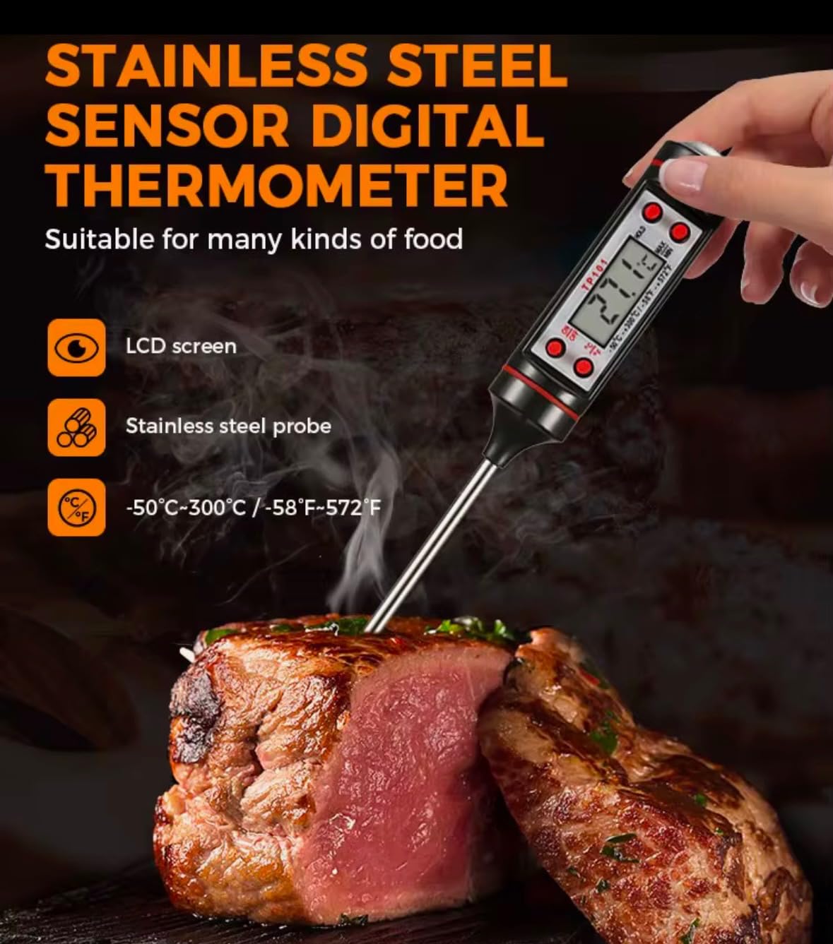 Termometro digitale per carne, lettura istantanea, per grigliare, cucinare, cibo, liquidi, sonda in acciaio inox nero