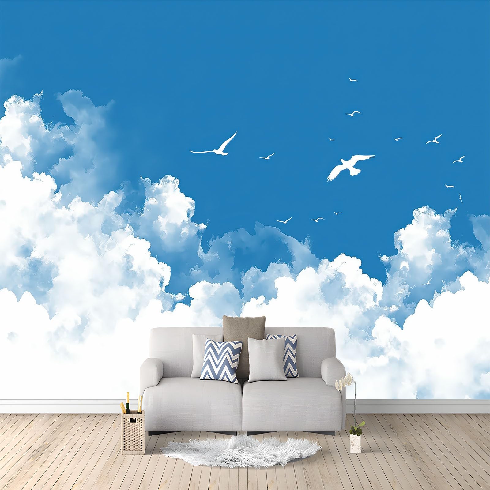 Photo Wallpaper, Realistic White Clouds Birds Non-Woven Mural Wallpaper, Blue Wall Art for Gaming Room Living Room Bedroom Kitchen Office Family Wall Decor, 400 x 280 cm