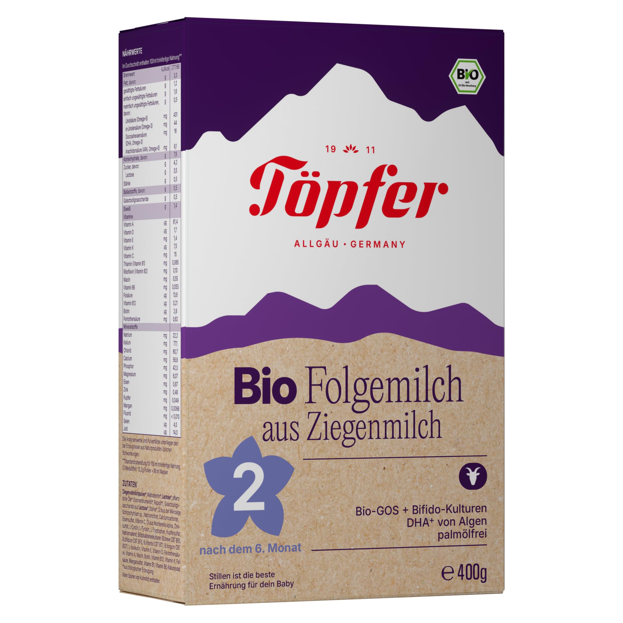 Töpfer Bio Folgemilch 2 aus Ziegenmilch – palmölfrei – Bio-Folgenahrung nach dem 6. Monat – mit Bio-GOS & 4 Bifido-Kulturen – ARA & DHA aus Algenöl – 4x400g