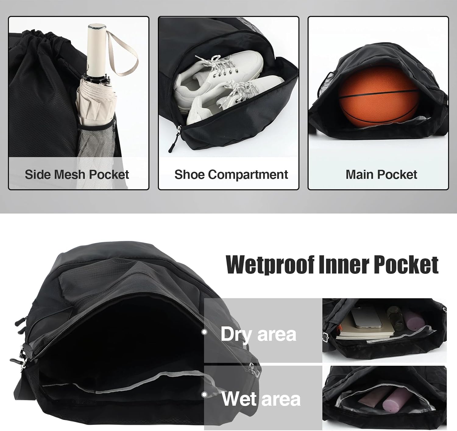 6 Pack Gym Drawstring Backpack Bags Bulk with Shoe Compartment for Sports Wet Proof Pocket for Men Women Large(Black)