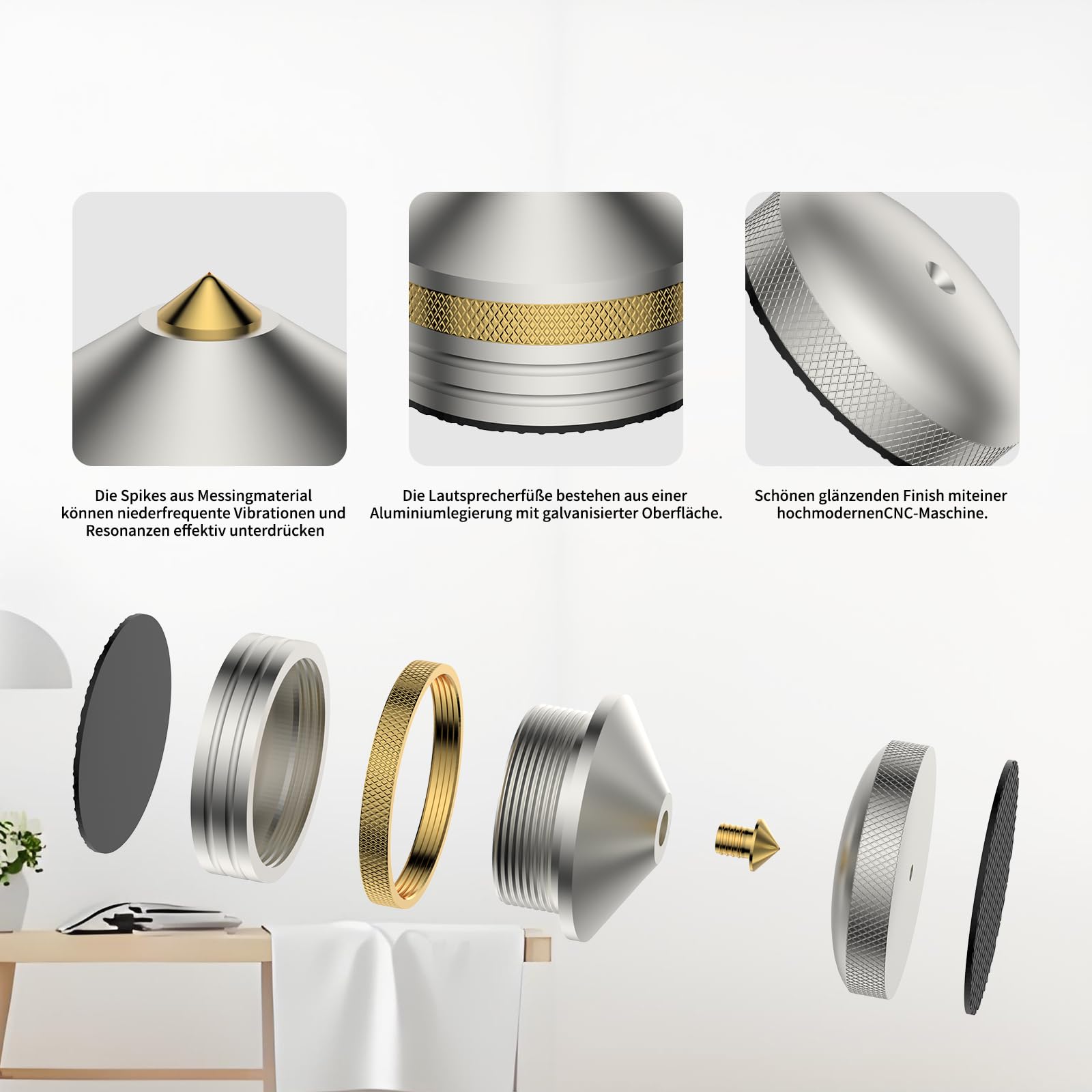 Tertullus 4 punte per altoparlante HiFi 39 x 33 mm, cuscinetti isolanti in alluminio, ammortizzatore, regolabile in altezza, per amplificatori, giradischi, dispositivi DAC – argento