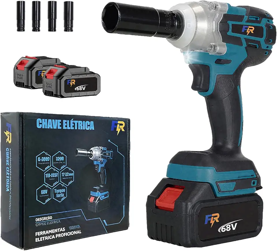 Chave de Impacto Elétrica 68V 1.3AH com 2 Baterias, Sem Fio, Torque 800 N.M., Motor Brushless, Entrada 1/2" e 1/4" para Autos e Construção