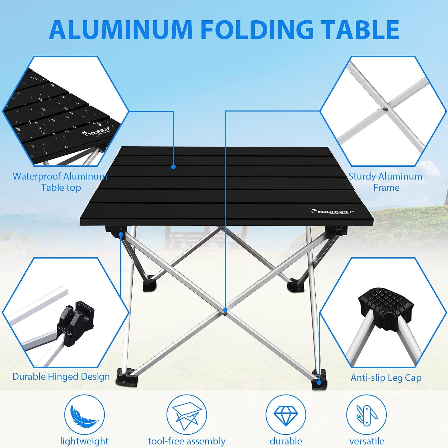 SYOURSELF Folding Camping Table, Portable Aluminum Camp Table Desk Lightweight Durable Compact Roll Up Picnic Tables for Indoor Outdoor Camp Hiking BBQ Backpacking Travel Fishing Beach+Carrying Bag