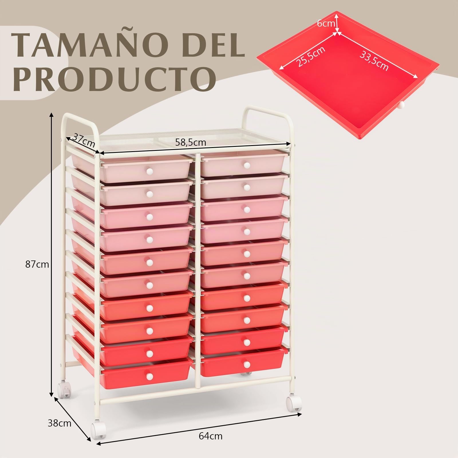 COSTWAY Carrito Auxiliar con Ruedas, Mueble Auxiliar Cocina con 20 Cajones Apilables, Carrito Organizador de Estructura Metálica para Cocina Oficina, Baño (Rojo)