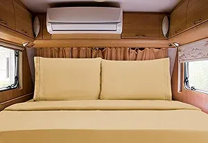 Elegant Comfort Luxurious 1500 Premium Hotel Quality Microfiber Three Line Embroidered Softest 4-Piece Bed Sheet Set, Wrinkle and Fade Resistant, RV Short Queen, Gold