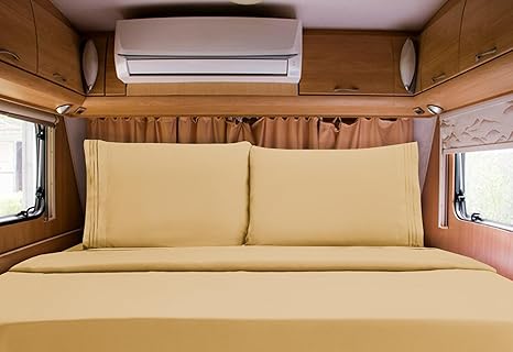 Elegant Comfort Luxurious 1500 Premium Hotel Quality Microfiber Three Line Embroidered Softest 4-Piece Bed Sheet Set, Wrinkle and Fade Resistant, RV Short Queen, Gold