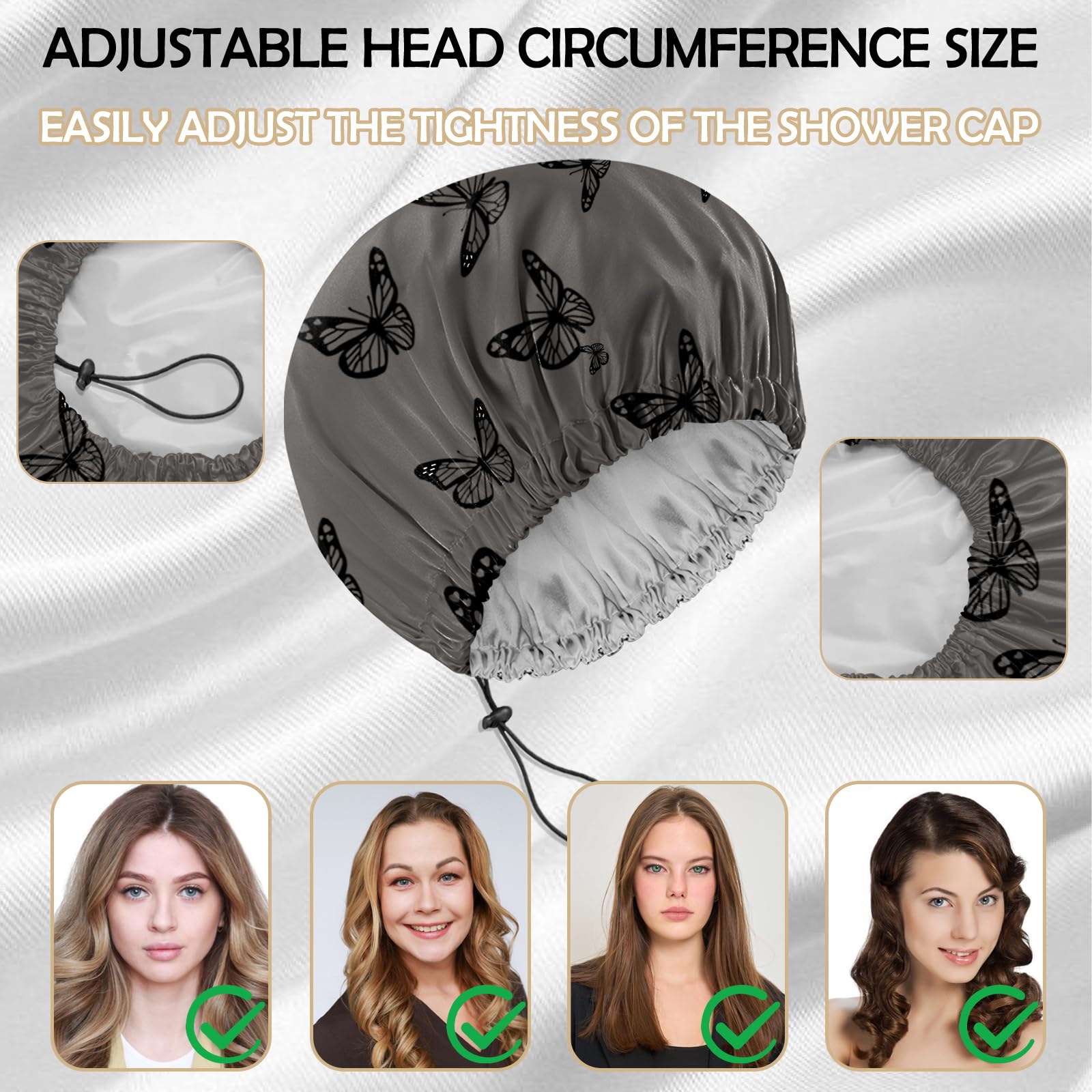 Deokke 2 PCS Shower Cap Reusable Large Waterproof Adjustable Double Layer Elastic Dry Hair Bathing Caps Aesthetic Cute for Women Girls (Q10-Butterfly Rainbow) - Image 4