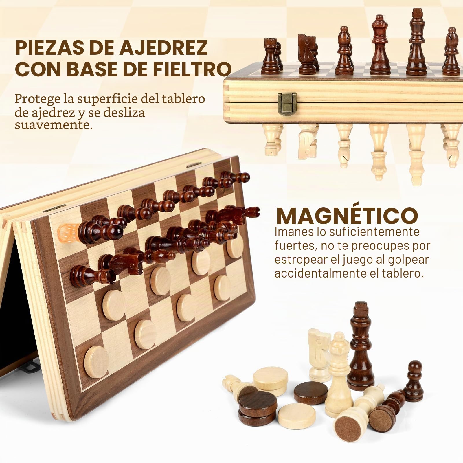 LEAP Juego de ajedrez magnético de madera de 15.5 pulgadas, tablero de ajedrez plegable de 3 pulgadas, piezas de ajedrez de altura King, ranuras de almacenamiento magnéticas superiores para