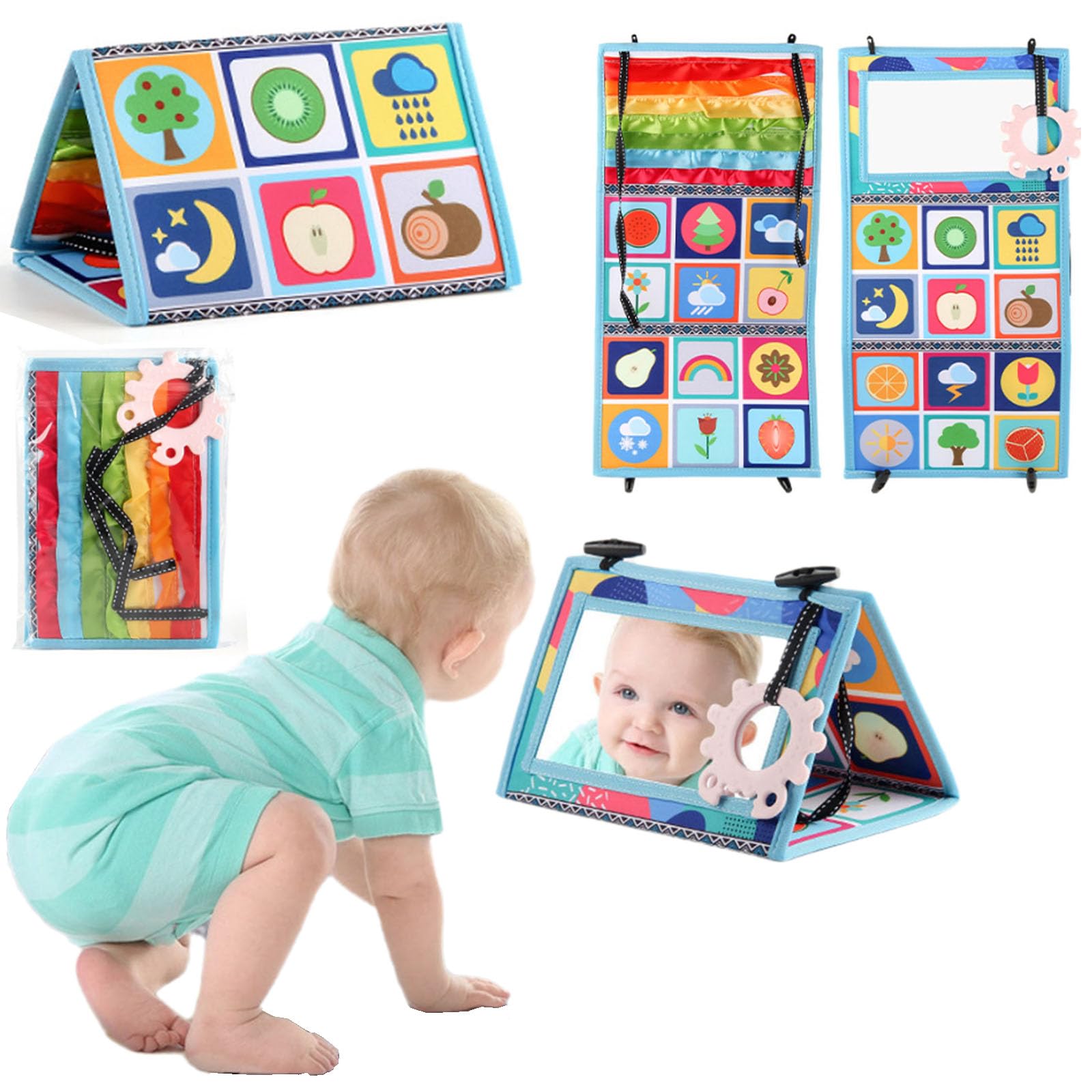 Tummy Time Mirror Toys for Babies Infant Soft Books Baby Sensory Toys Baby Mirror Newborn Essentials Brain Toy Safe Foldable with High Contrast Patterns Play and Pat Activity Mat for Newborn Infants