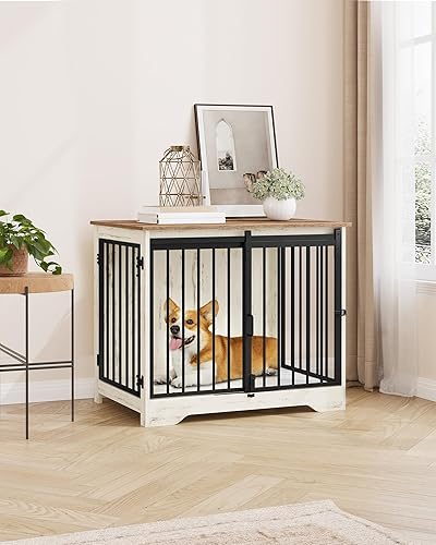 Miniatura 5 de Mueble de jaula para perros de 31.9 pulgadas con puerta de granero, perrera resistente para interiores con 2 puertas, mesa auxiliar de jaula para