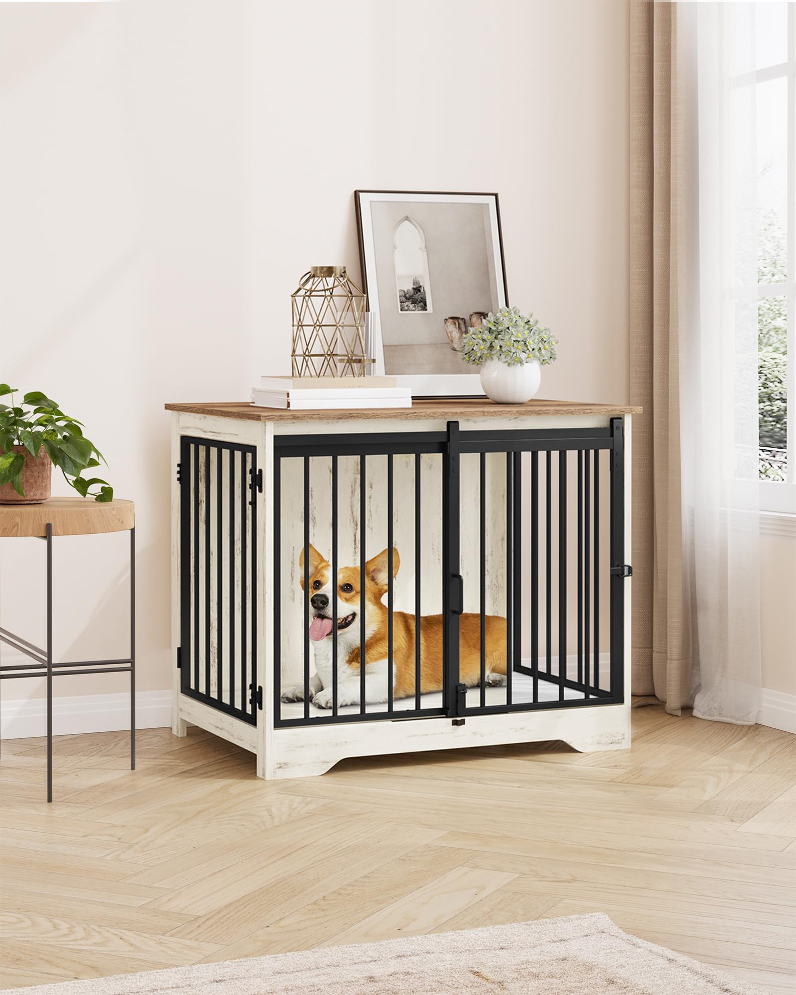Hzuaneri 81cm Gabbia per Cani, Tavolo Supplemento, Nicchia Moderna per Cani, Gabbia per Cuccioli, Casetta per Animali, 2 porte, 55 x 81 x 67,5 cm, Bianco e Marrone DFC83614B