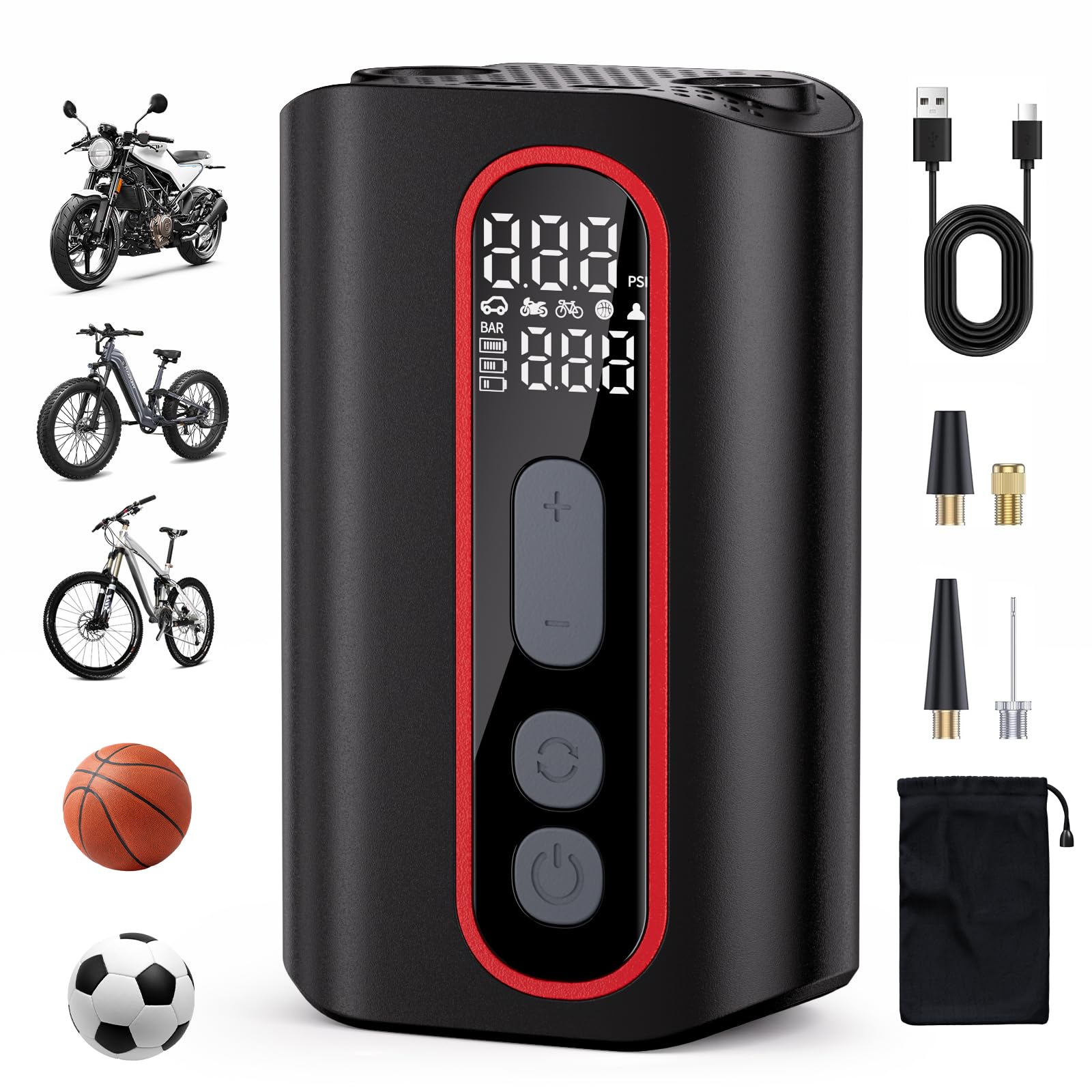 Mini Electric Bike Pump, 4X Faster 160 PSI Bike Tire Pump with Guage Auto Stop, Portable Bicycle Pump with Presta Valves for Road Bike, Motorcycle, Mountain Bike, Car, Sports Ball Black-a