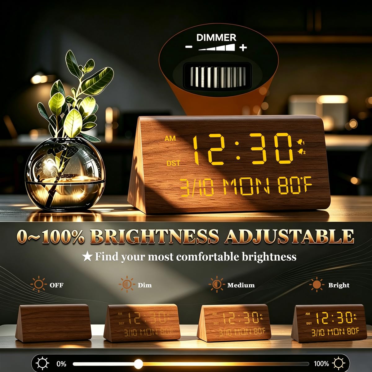 Kogonee Digitaler Wecker aus Holz, 0-100% Helligkeit Dimmer & Lautstärke, Temperaturerkennung, Datum, Wochentag/Wochenendmodus, Dual-Alarm, Holz-LED-Uhr für Schlafzimmer, Nachttisch (Braun)