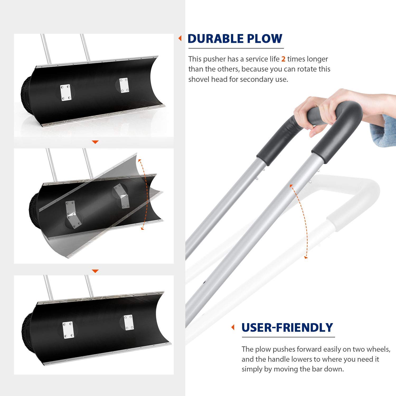 ORIENTOOLS Heavy Duty Snow Shovel, Rolling Adjustable Snow Pusher with 24cm Wheels, Efficient