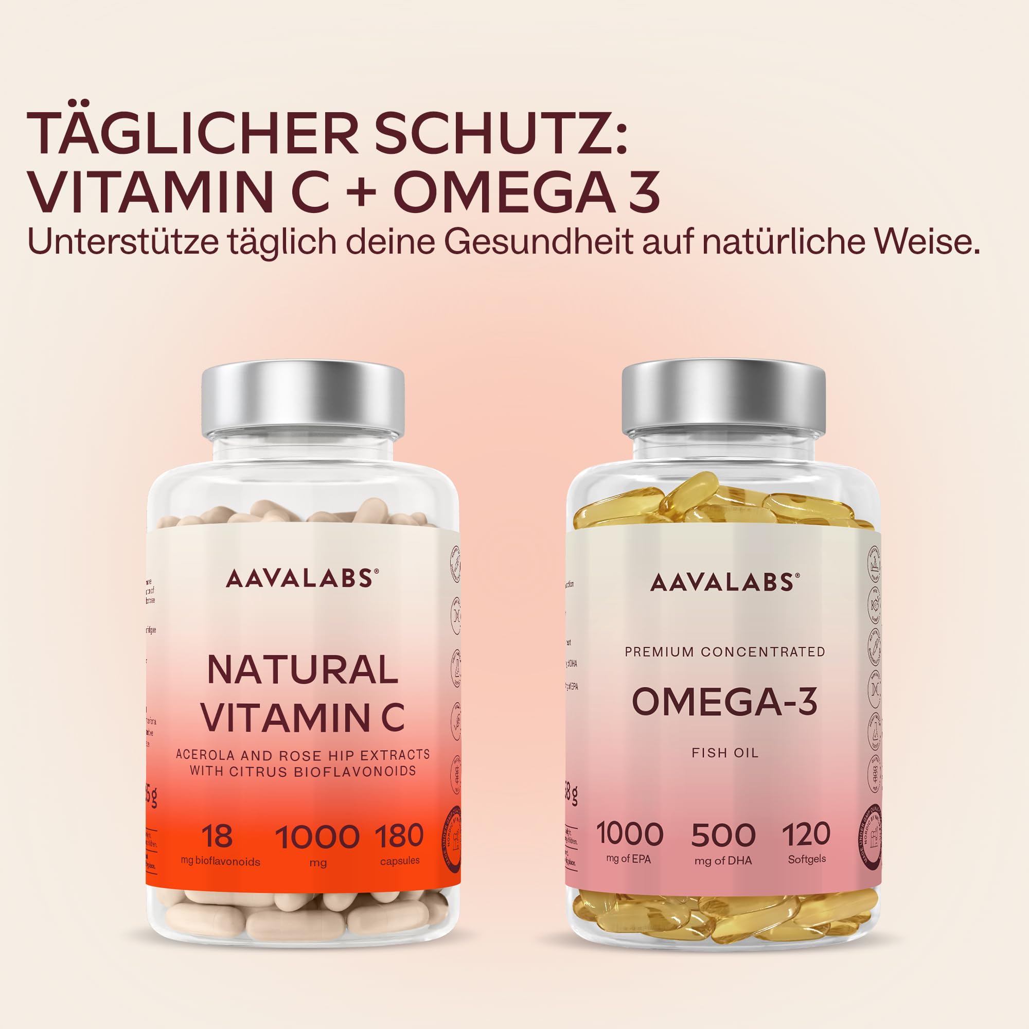 Vitamin C Hochdosiert Vegan - Acerola Vitamin C 1000mg pro Tagesdosis (2 Kapseln) mit Hagebutten, und Zitrus-Bioflavonoiden aus Orangenfrucht Extrakt - 180 Natürliches Vitamin C Kapseln