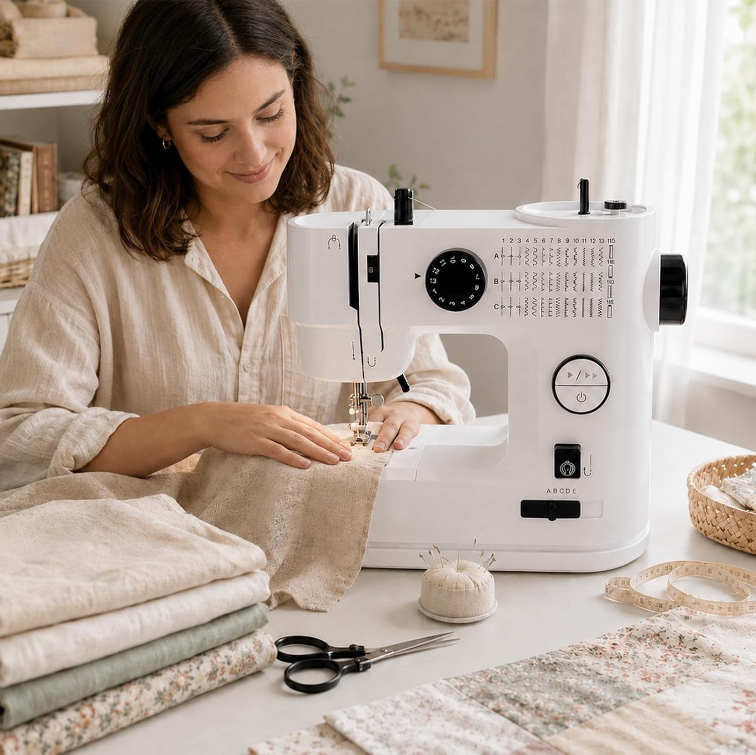 Portable Sewing Machine with 39 Built-in Stitches, 2-Speed Control, Foot Pedal, Extension Table, Thread Cutter, Reverse Stitch, Buttonhole & Sleeve Sewing for Beginners, Home DIY (White)