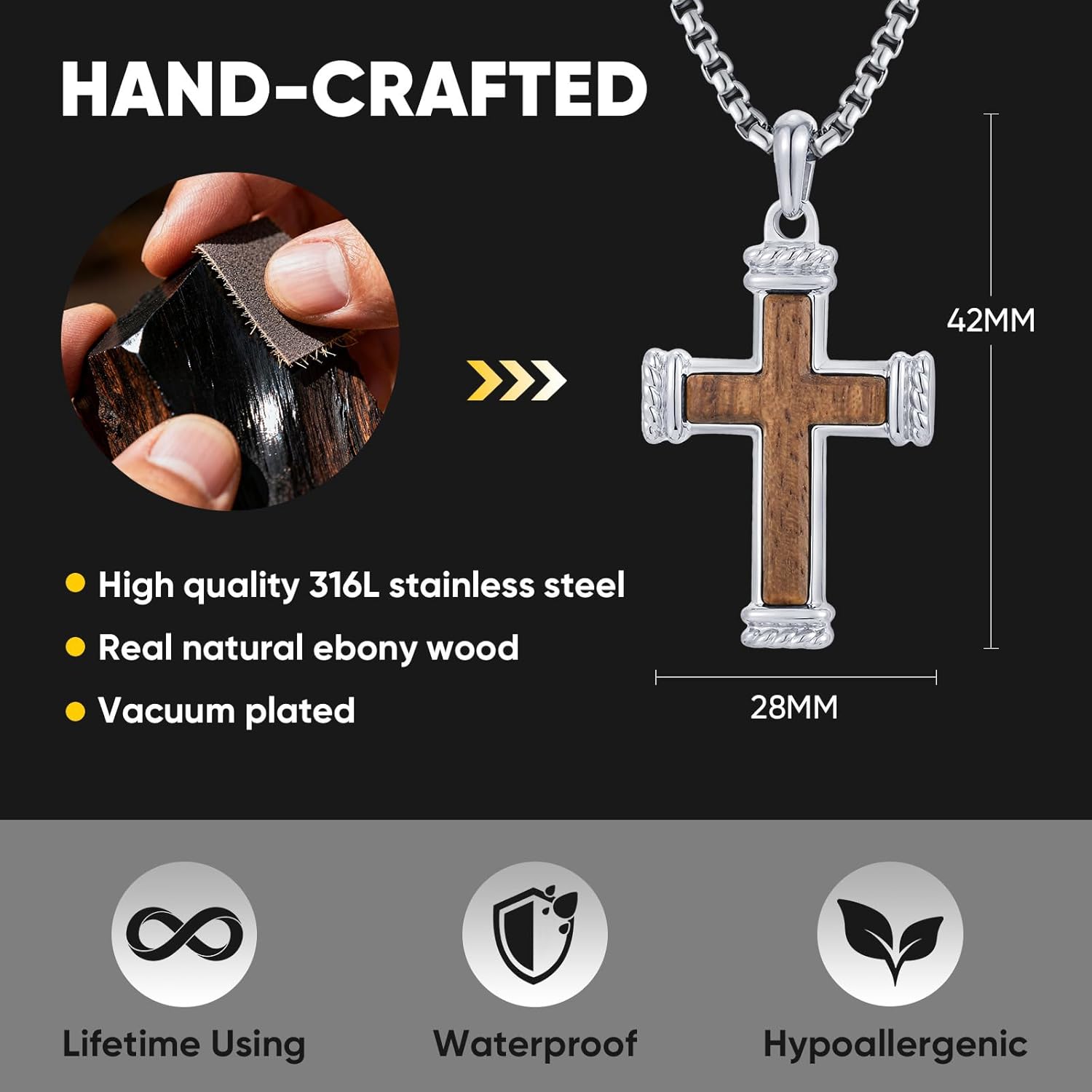 Wooden Cross Necklace Men : Christian Necklaces for Man,Stainless Steel Religious Crucifix Pendant with 24'' Link Chain,Male's Faith Jewelry Gift for Him,Prayer,Husband,Boyfriend,Easter,Birthday - Image 3