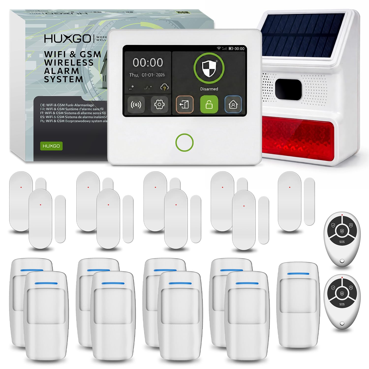 HXA502 Kit Alarma hogar inalámbrica WiFi + gsm 4G con Sirena Solar | Sistema de Seguridad para casa con 9X sensores PIR y 9X sensores Puerta/Ventana | Compatible Tuya, menú en Español