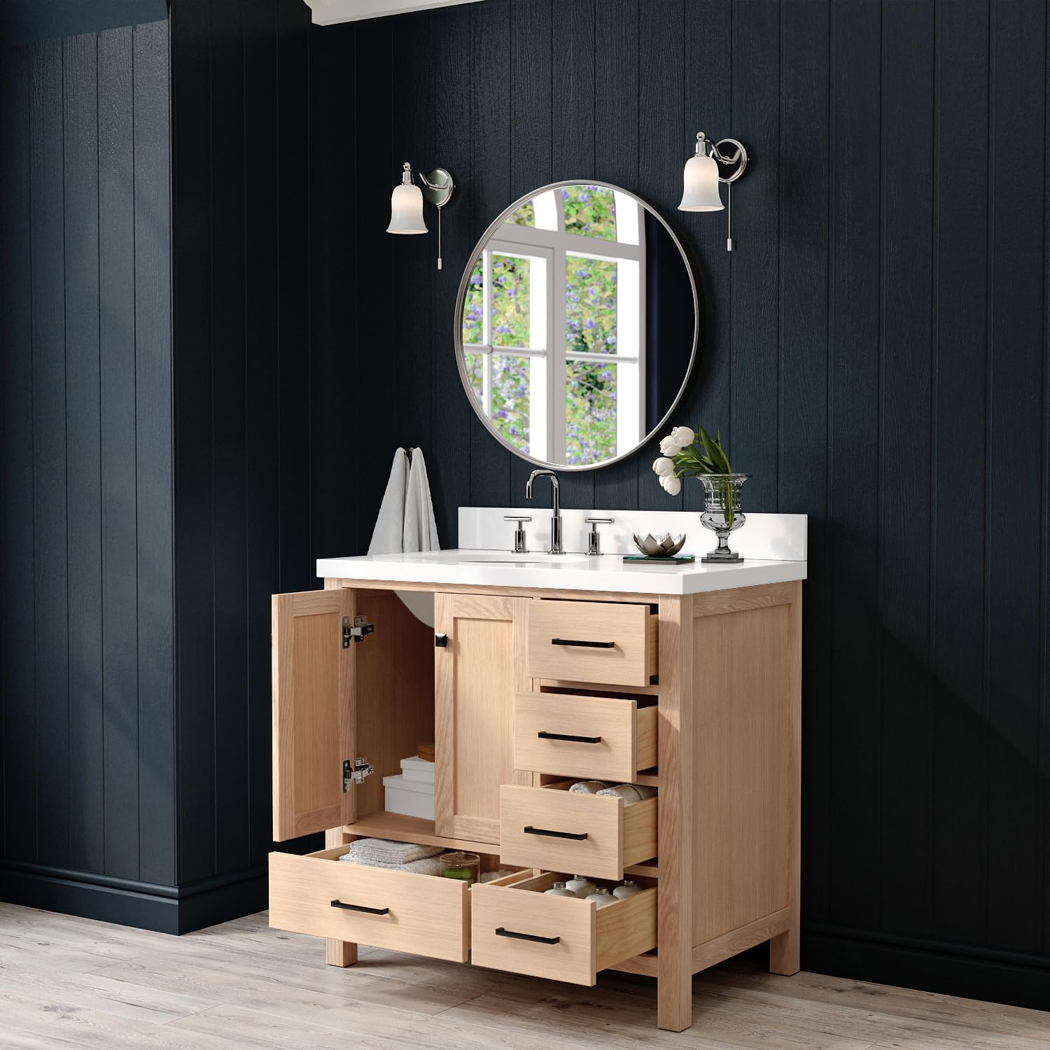 ARIEL Cambridge 36-inch Bathroom Vanity with Sink,Solid Wood, 1.5-inch Pure White Quartz Countertop & Backsplash, Single Oval Porcelain Sink, 2 Soft Closing Doors, 5 Dovetail Drawers, White Oak
