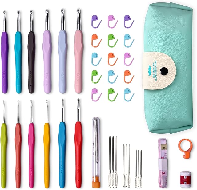 RealPlus Crochet Hooks Set, 12 Pcs Full Size Crochet Set, Ergonomic Soft Grip Rubber Handles, Crochet Kits for Beginners Adults, Sister Gift, Crochet Hooks with Case (Green)