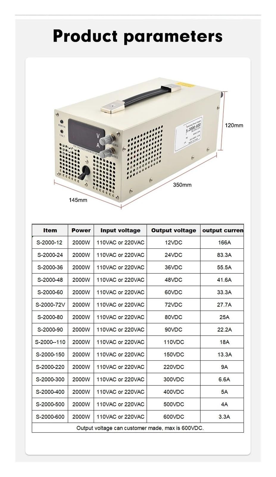 Zasilacz impulsowy wyświetlacza LCD o mocy 2000 W od 0–12 V do 0–600 V