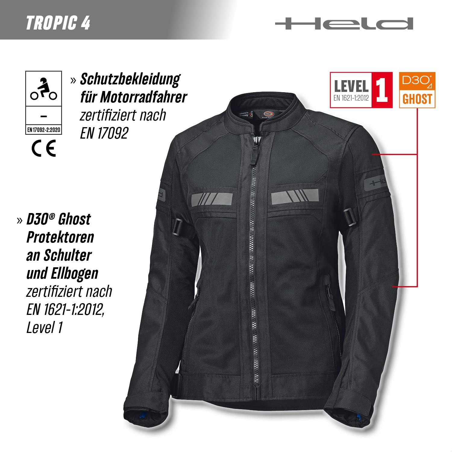 Held Tropic 4 Top Veste de moto d'été pour femme - Veste d'été sportive et aérée en maille - Veste de moto légère avec protections D3o Ghost Level 1 - Classe de protection CE - Noir - Taille M