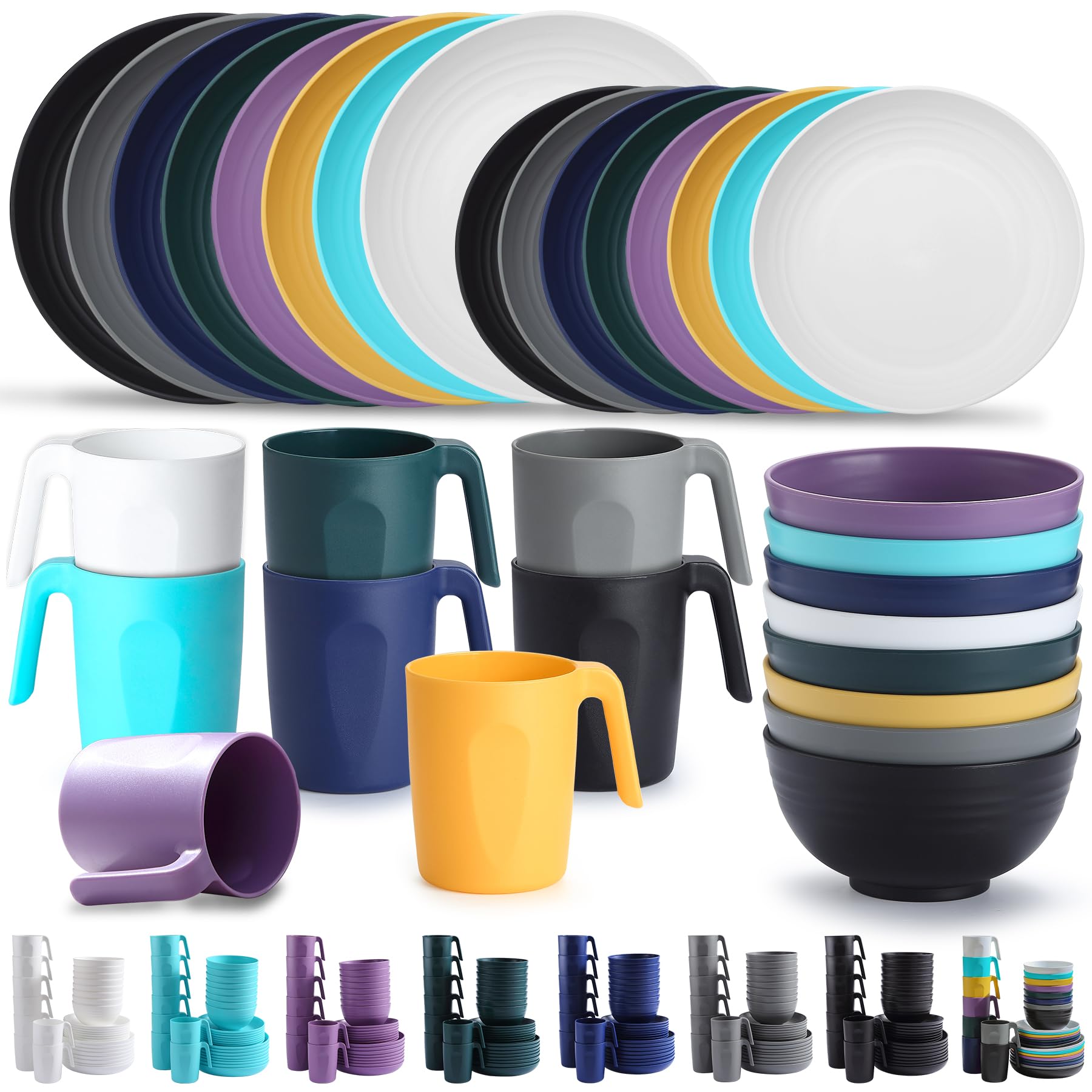Kyraton Plastic Dinnerware Sets of 32 Pieces Service for 8, Unbreakable and Reusable Light Weight Plates Mugs Bowls Dishes Easy to Carry and Clean Microwave Safe BPA Free Dishwasher Safe