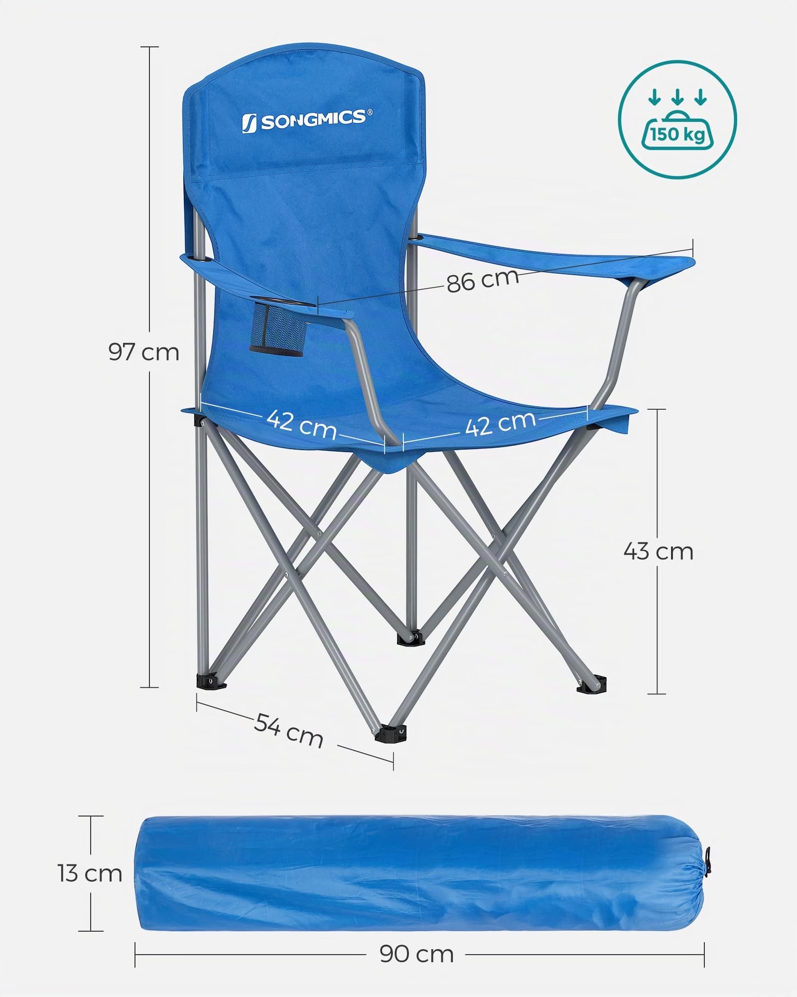 SONGMICS Lot de 2 chaises Pliantes, chaises de Camping, Structure Robuste et Confortable, Charge maximale 150 kg, avec Porte-gobelet, Chaise d'extérieur