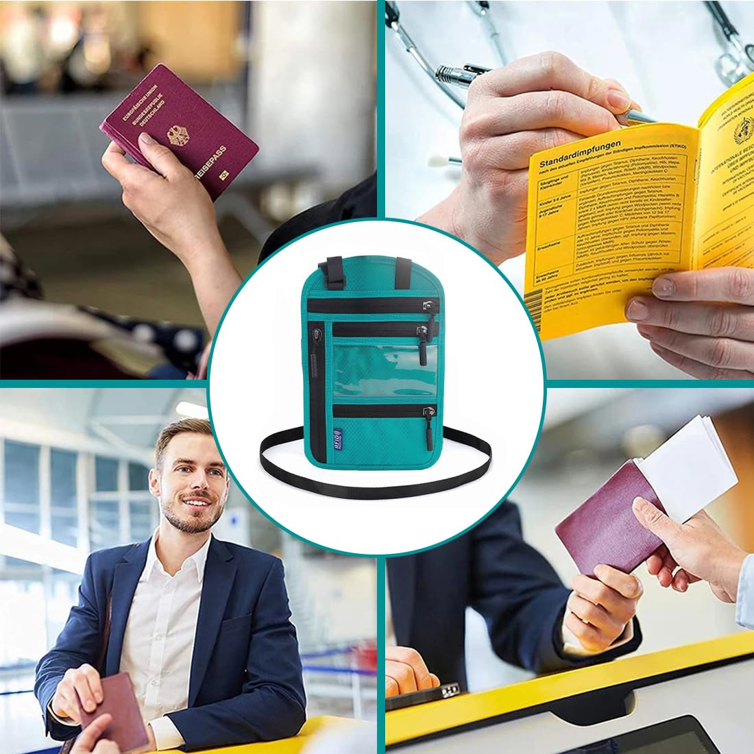 Torba na klatkę piersiową z ochroną RFID, uchwyt na paszport z regulowanym paskiem na ramię, wodoodporna kieszeń na klatkę piersiową, torba podróżna dla mężczyzn i kobiet, portfel na karty i gotówkę