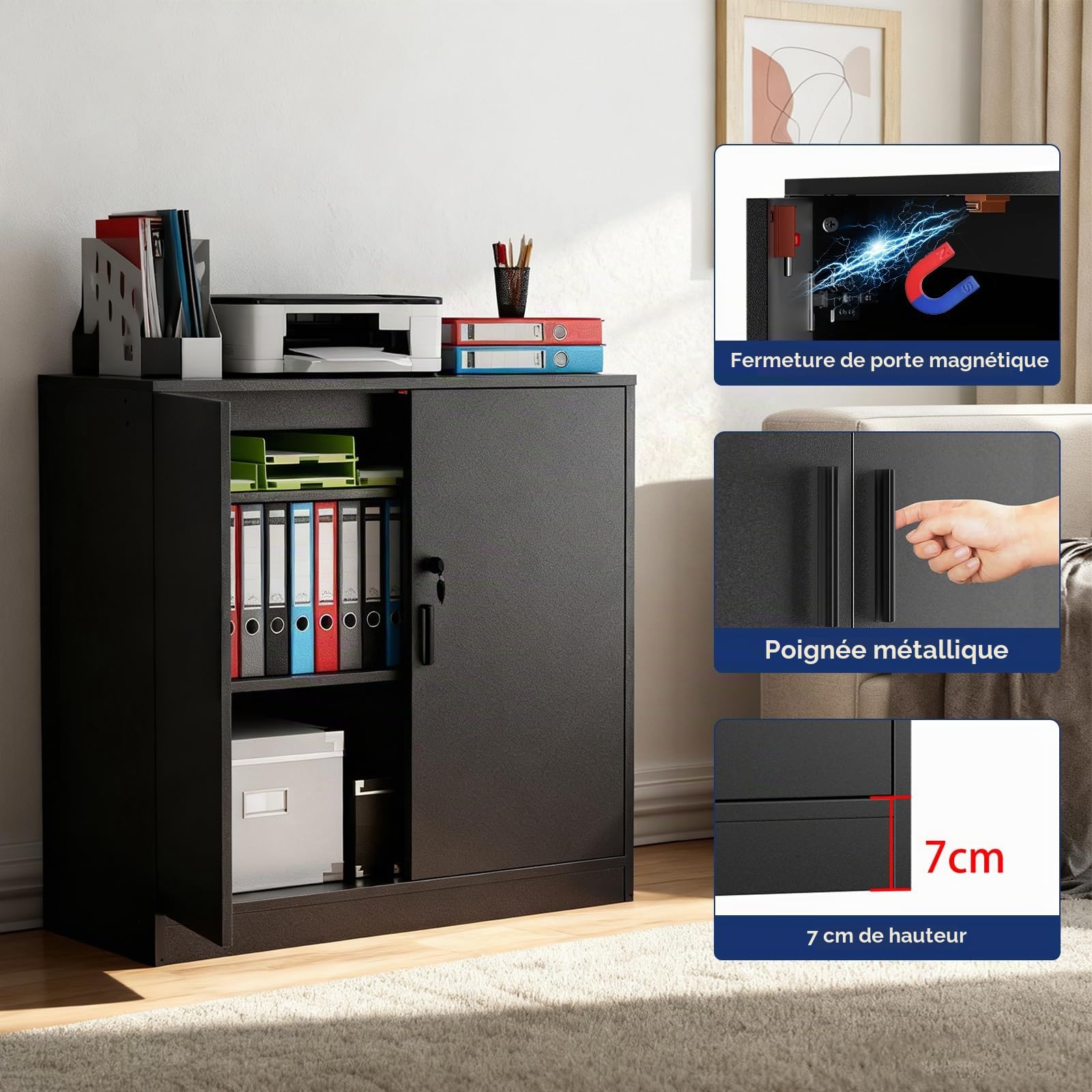 buybyroom Armoire de Bureau, Meuble Rangement Bureau Fermant à clé, Armoire de Rangement pour Garage Salon Chambre Buffet Imprimante Papier Administratif avec 2 Porte, Placages Réglables, Noir