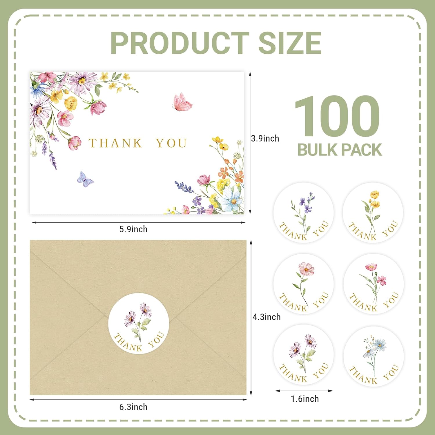 100 Sets Wildflower Thank You Cards with Kraft Envelopes Sticker Watercolor Floral Blank Greeting Cards for Valentines Baby Showers Mother's Day Holiday Birthday Wedding Party Favors