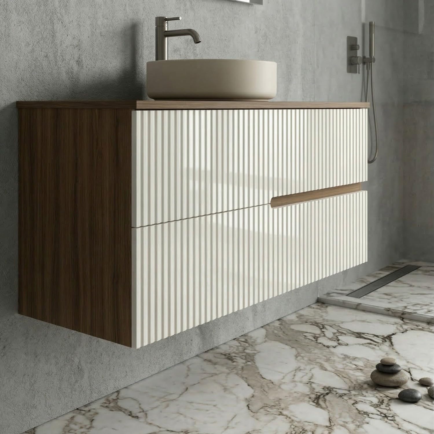 SANIVERRE EVA Meuble Vasque à Poser Suspendu L.100 cm Chêne Moka 2 Tiroirs Blanc Brillant Cannelé (sans Colonne) Salle de Bain