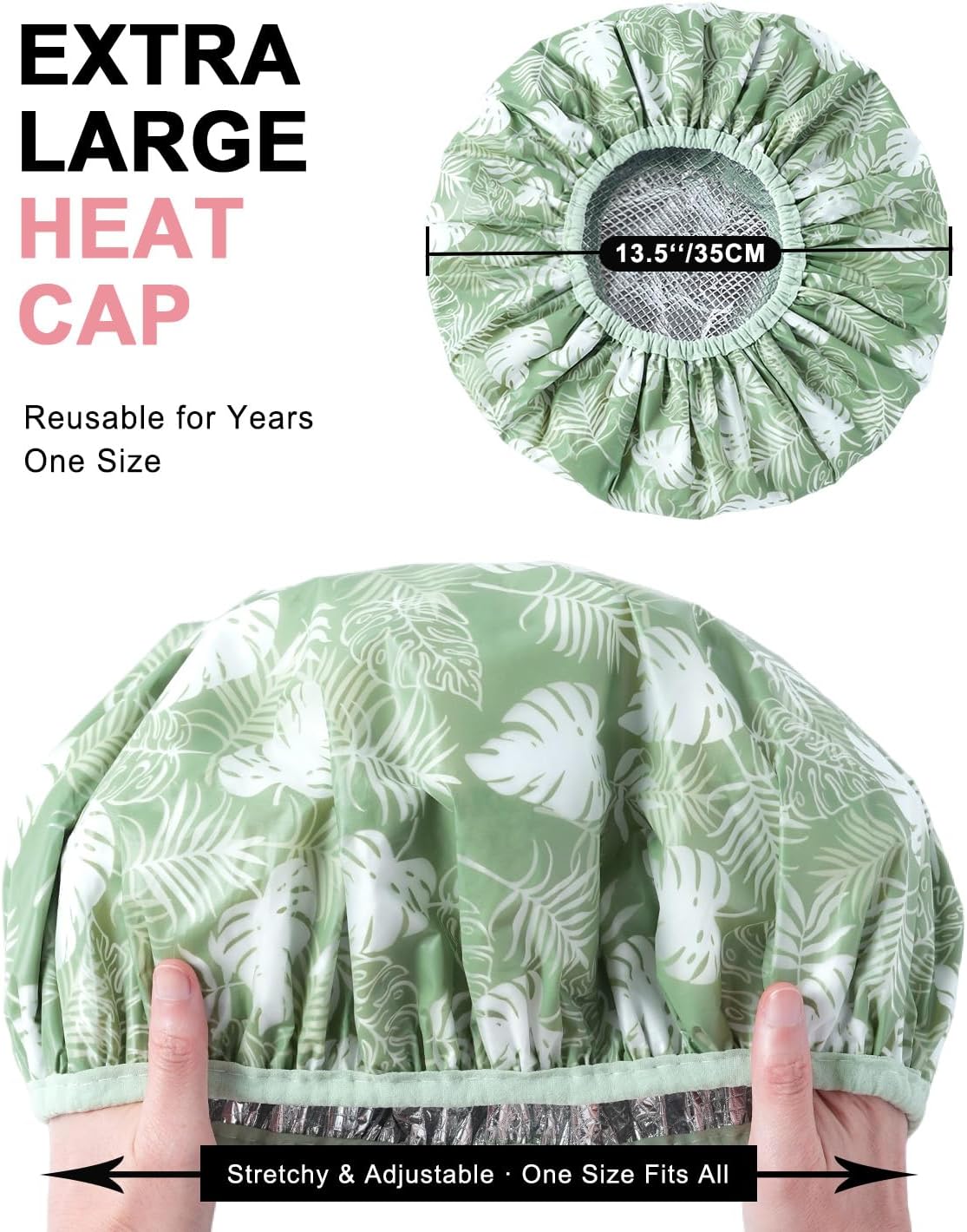 YIZIJIZI 2 Pieces Deep Conditioning Hair Heat Cap – Aluminum Foil Thermal Cap Locks in Body Heat for Hair Mask & Oil Treatment, Reusable Shower Steam Cap (Green leaves)