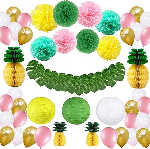 Decoraciones tropicales hawaianas para fiestas, 57 piezas de suministros de fiesta, hojas tropicales, piña, linterna de papel, globos y pompones de