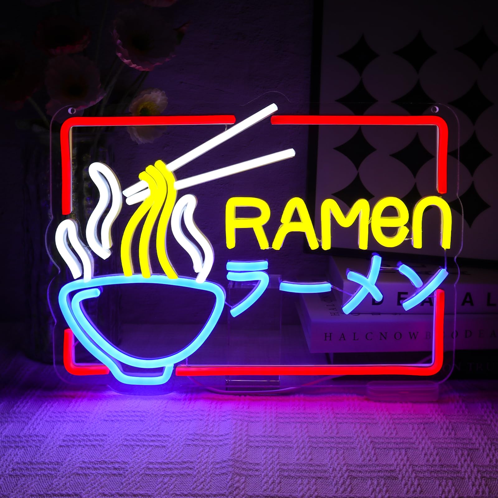 Ramen - Panneau néon LED coloré - Panneau lumineux japonais - Nouilles LED - Pour magasin, magasin, cuisine, salon, salle à manger, brunch, fête, art mural - Cadeaux d'intérieur