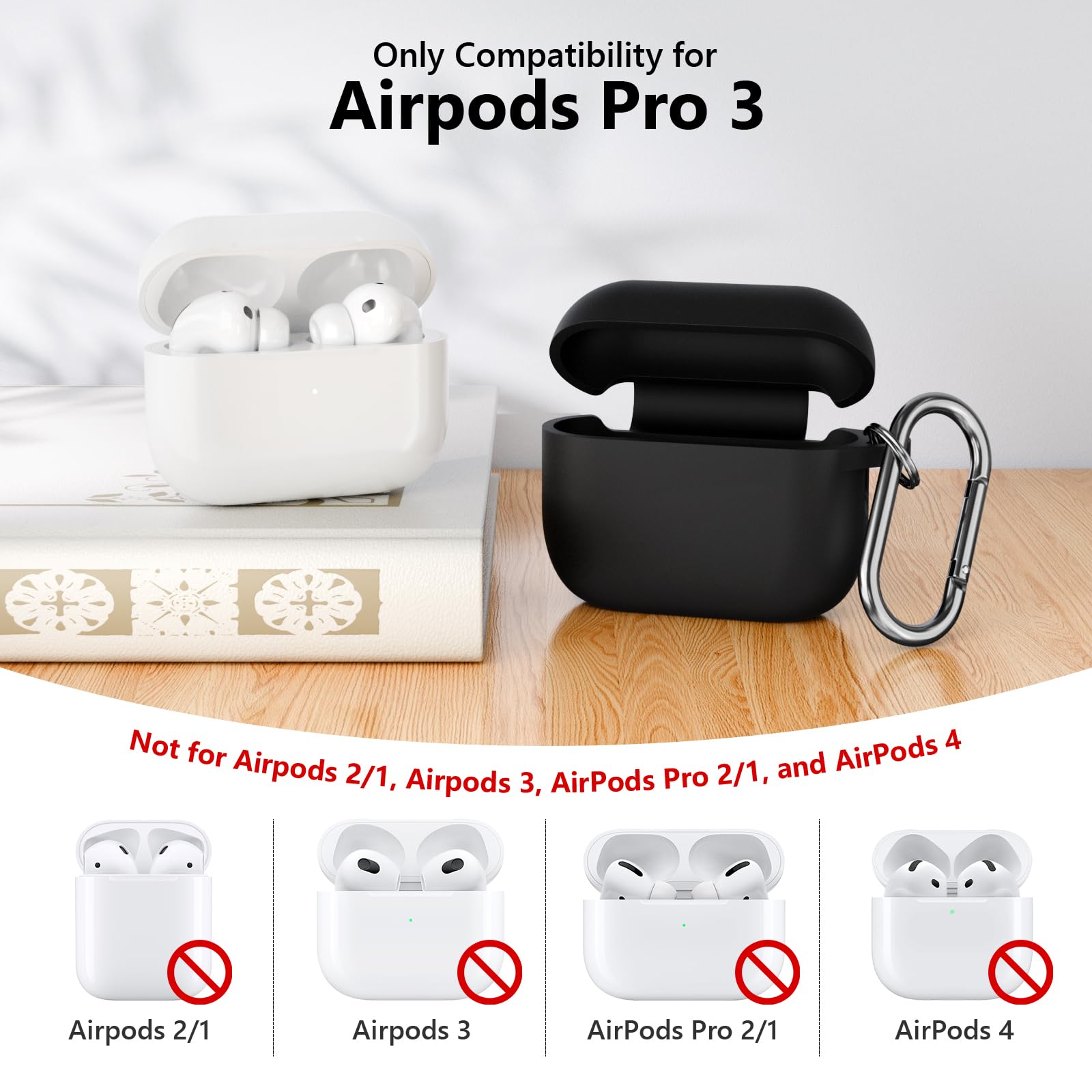 KOKOKA Funda de Silicona Compatible con AirPods Pro 3.ª Generación con Kit de Limpiador, Anti-rasguños, Anti-Polvo, Funda Case Silicona para AirPods Pro 3 con Mosquetón, LED Frontal Visible, Negro - 4
