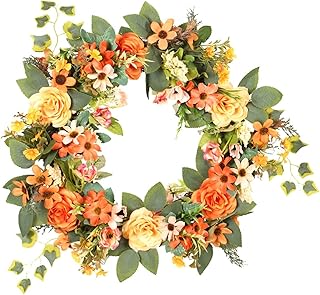 THE WHITE SHOP Artificial spring and summer front door wreath, small wild chrysanthemum peony wreath garland, front door tassel indoor outdoor home holiday farmhouse decoration