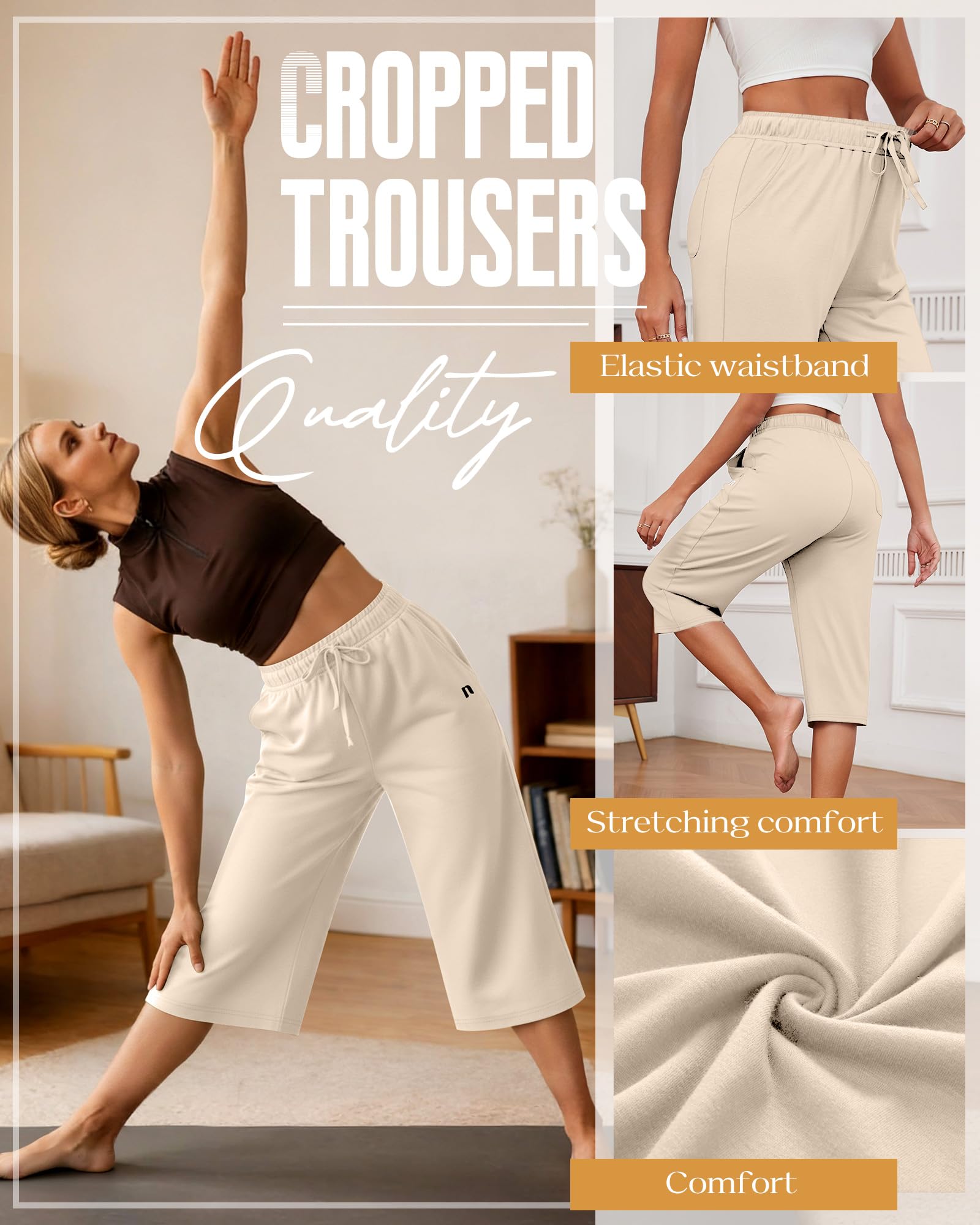 Neer Lot de 3 Pantalons Capri Larges et Simples pour Femme - Coupe Ample - avec Cordon de Serrage et Poches