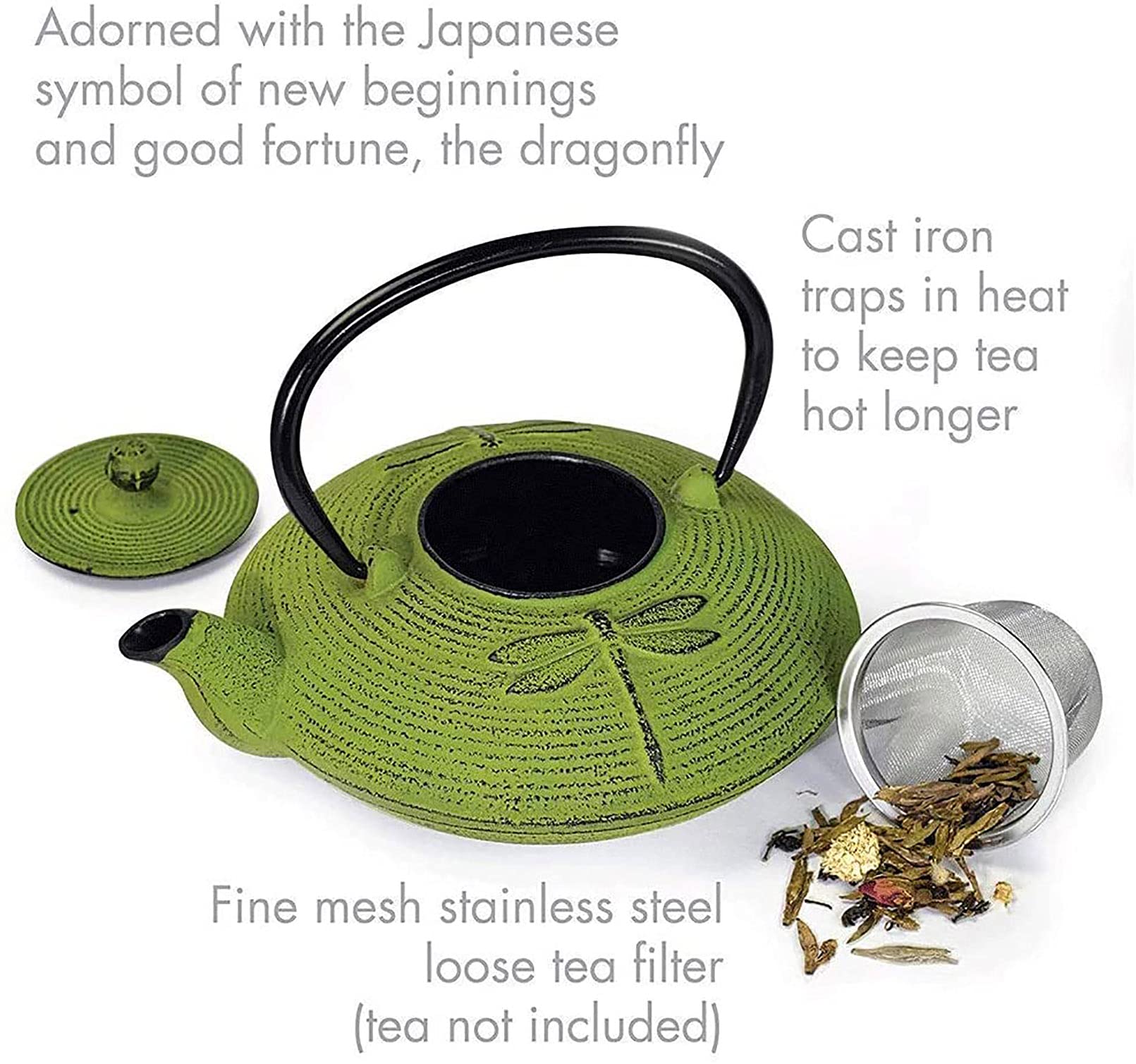 Tetera Cerámica Libélula Verde Tetera de Hierro Fundido Infusor de Acero Inoxidable para Té de Hojas Sueltas, Construcción Duradera, Interior Esmaltado, 800 ml,Verde