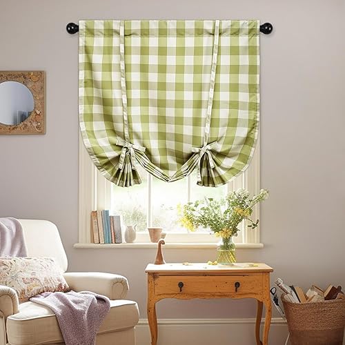 Miniatura 2 de VOGOL Cortinas de amarre para baño, cortinas de amarre verdes y blancas para ventanas de cocina, bolsillo ajustable para barra de 63 pulgadas de